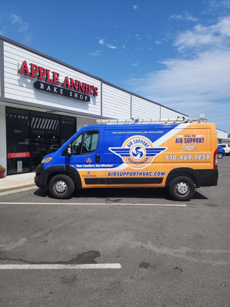 Air Support branded service van parked at Apple Annie's Bake Shop in Wilmington NC