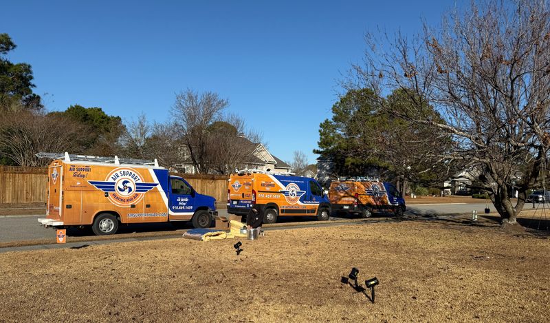Three branded Air Support Heating and Air service vans parked at a Wilmington area residence