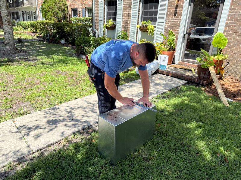 Air Support technician measuring and fabricating a sheet metal plenum box outdoors